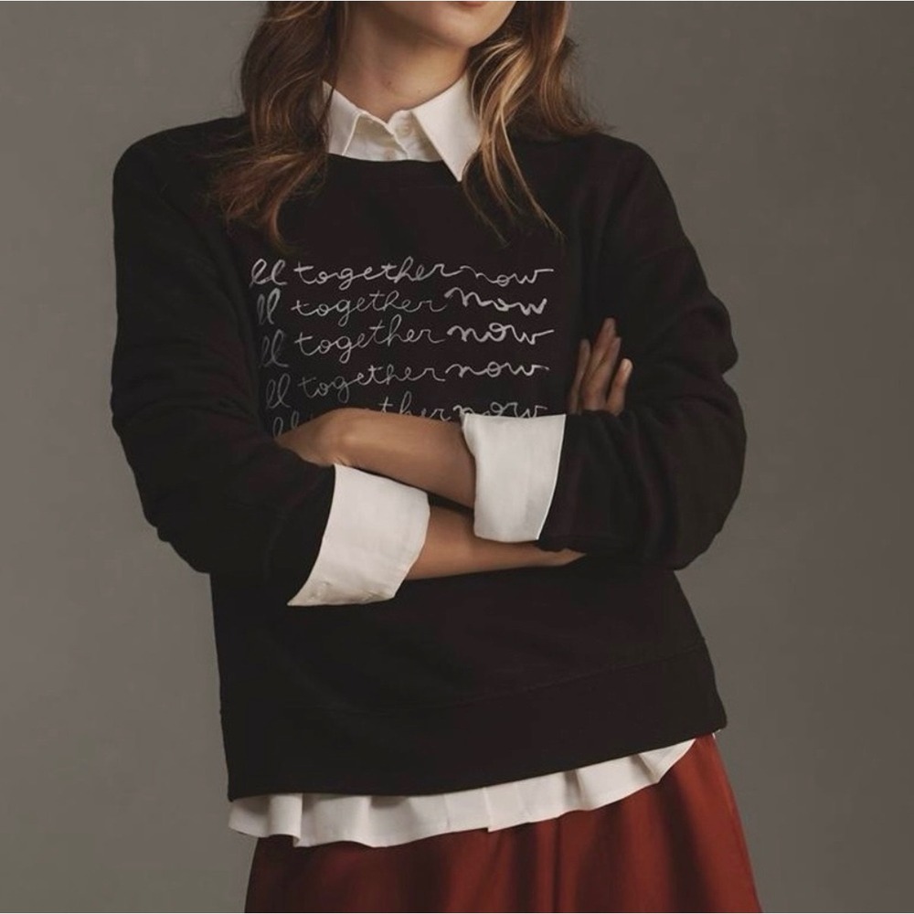 Maeve Anthropologie Black All Together Now Graphic Sweatshirt Roomy Town Medium - Picture 2 of 10